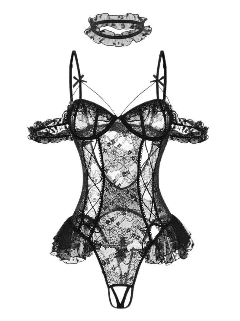 1980s Solid Lace Sheer Bodysuit Nighties