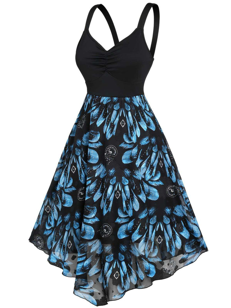 [Plus Size] Dark Blue 1950s Feather Jacquard Asymmetric Dress