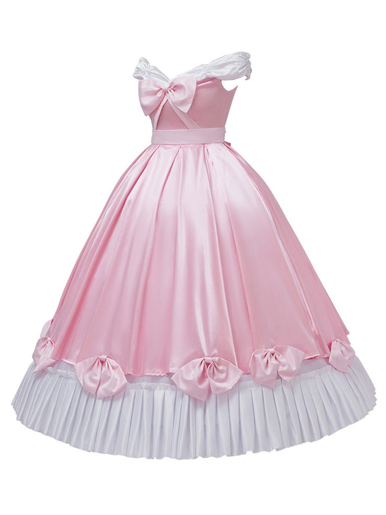 Pink 1950s Off-Shoulder Pleated Satin Bow Princess Dress