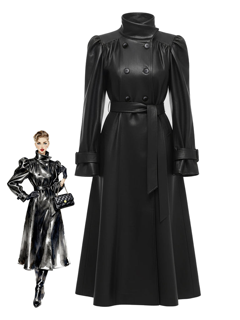 [Pre-Sale] Black 1970s PU Leather Trench Coat