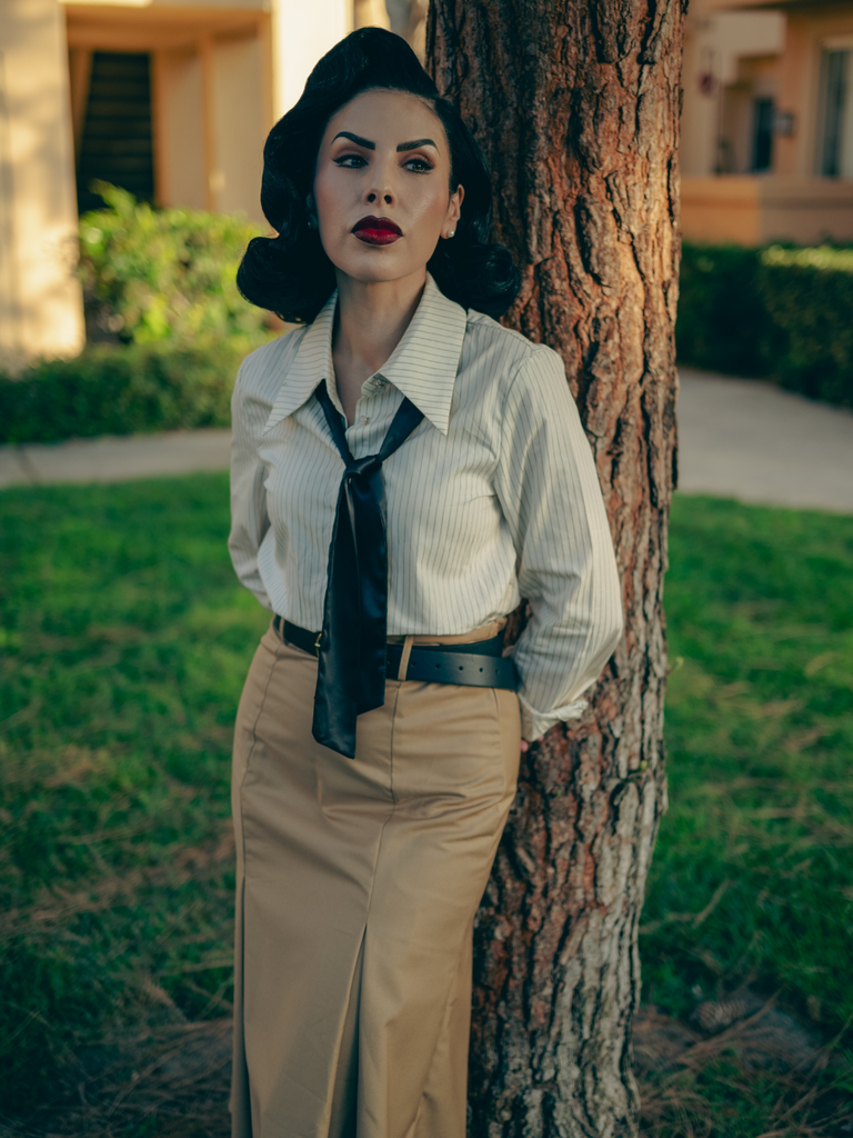 Khaki 1930s Striped Lapel Blouse Detachable Tie Dress