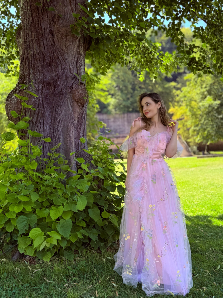 1970s Slip Floral Embroidered Mesh Slit Dress