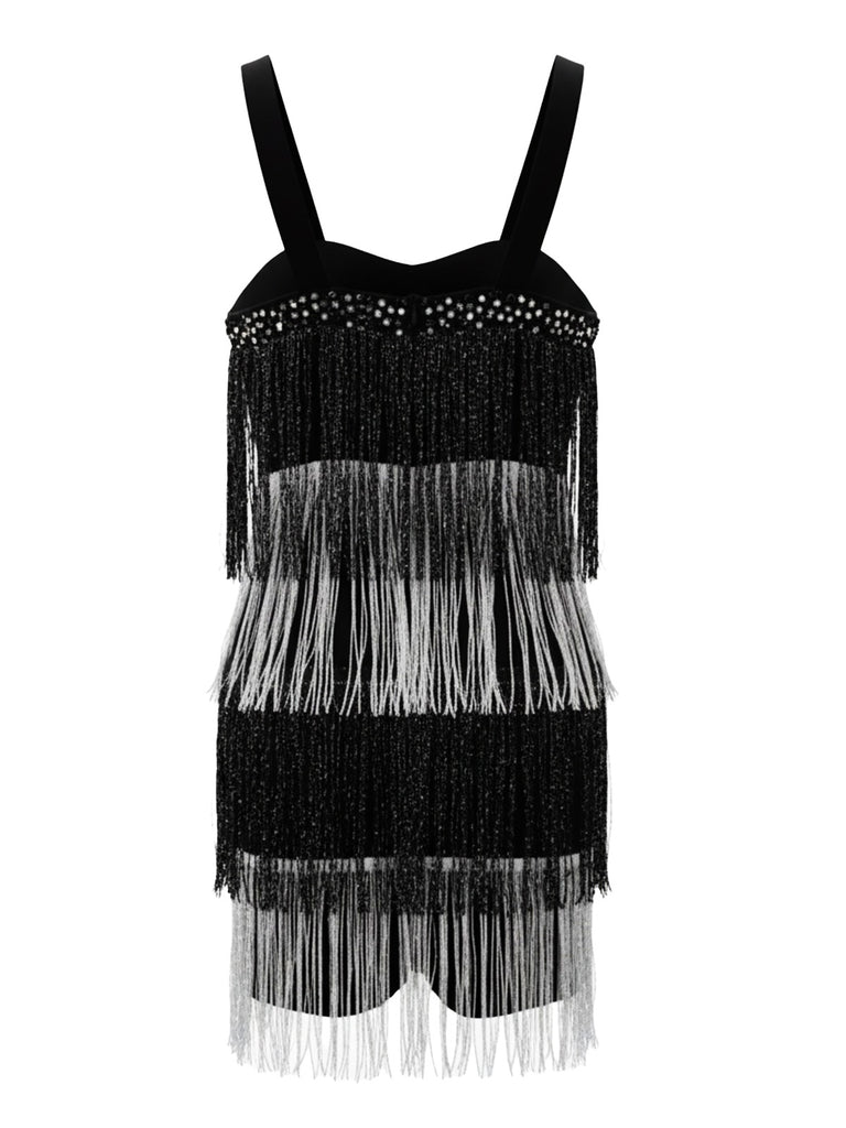 Black 1920s Strappy Fringe Sequin Cocktail Dress
