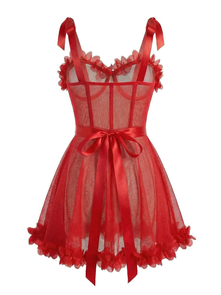 Red 1960s Solid 3D Floral Lace-Up Sleepwear