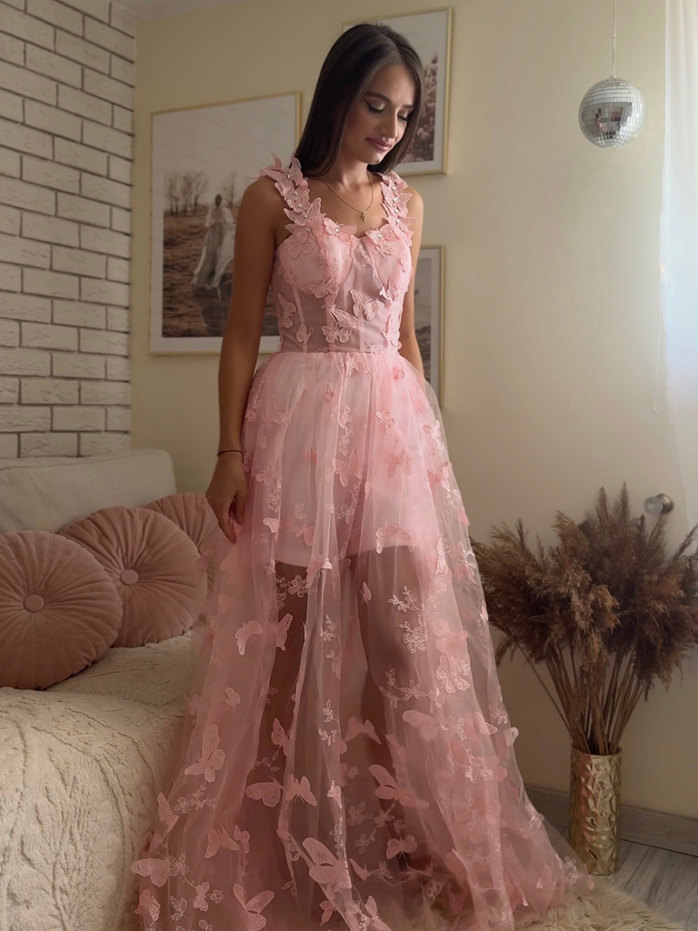 Pink 1930s Spaghetti Strap 3D Butterflies Mesh Maxi Dress