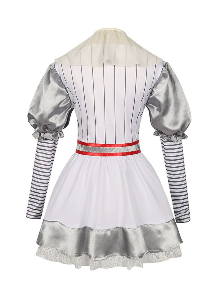 Silver 1960s Halloween IT Pennywise Striped Puff Sleeve Puffy Dress