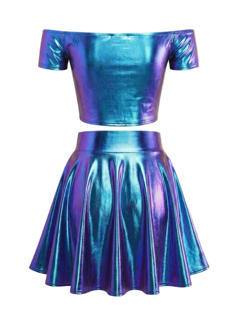 2PCS Metallic 1970 Disco Off-Shoulder Top & Pleated Skirt
