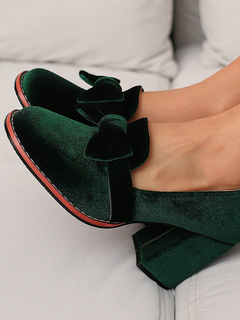 Solid Velvet Bow Detail Block Heel Shoes