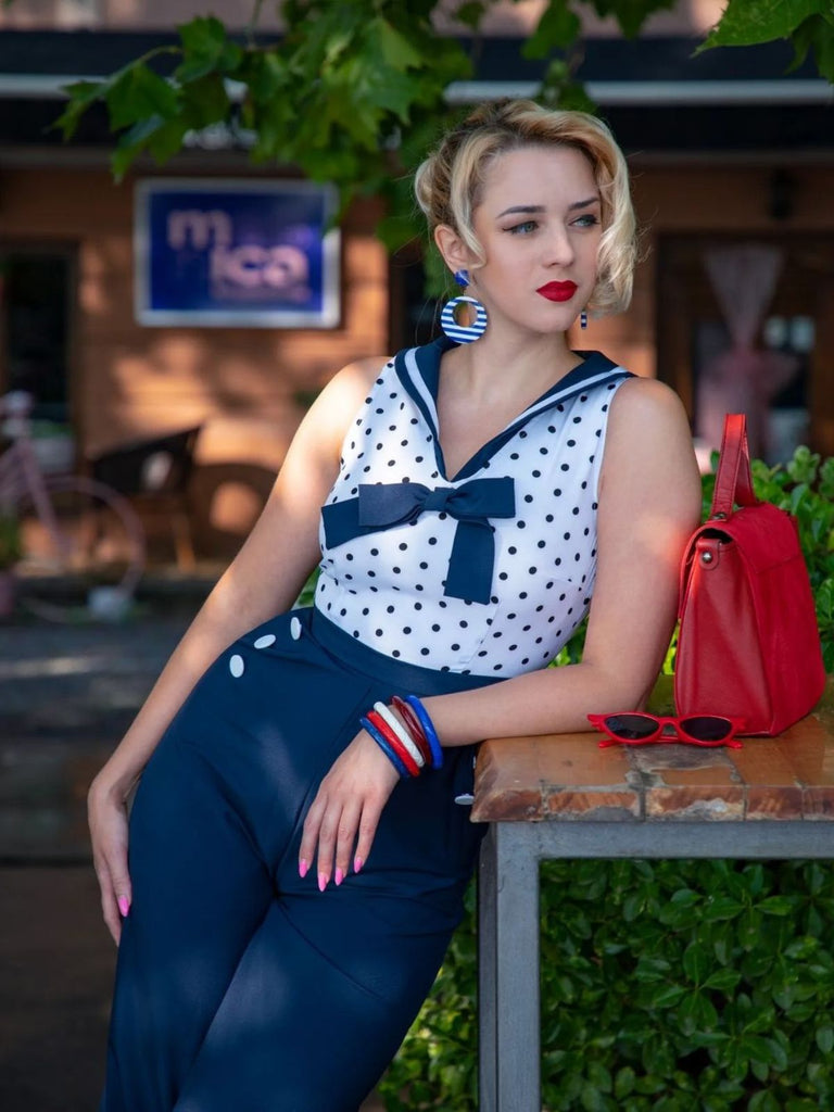 Blue 1940s Polka Dot Bow Lapel Jumpsuit