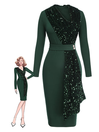 Green 1960s Glitter Patchwork Belted Dress