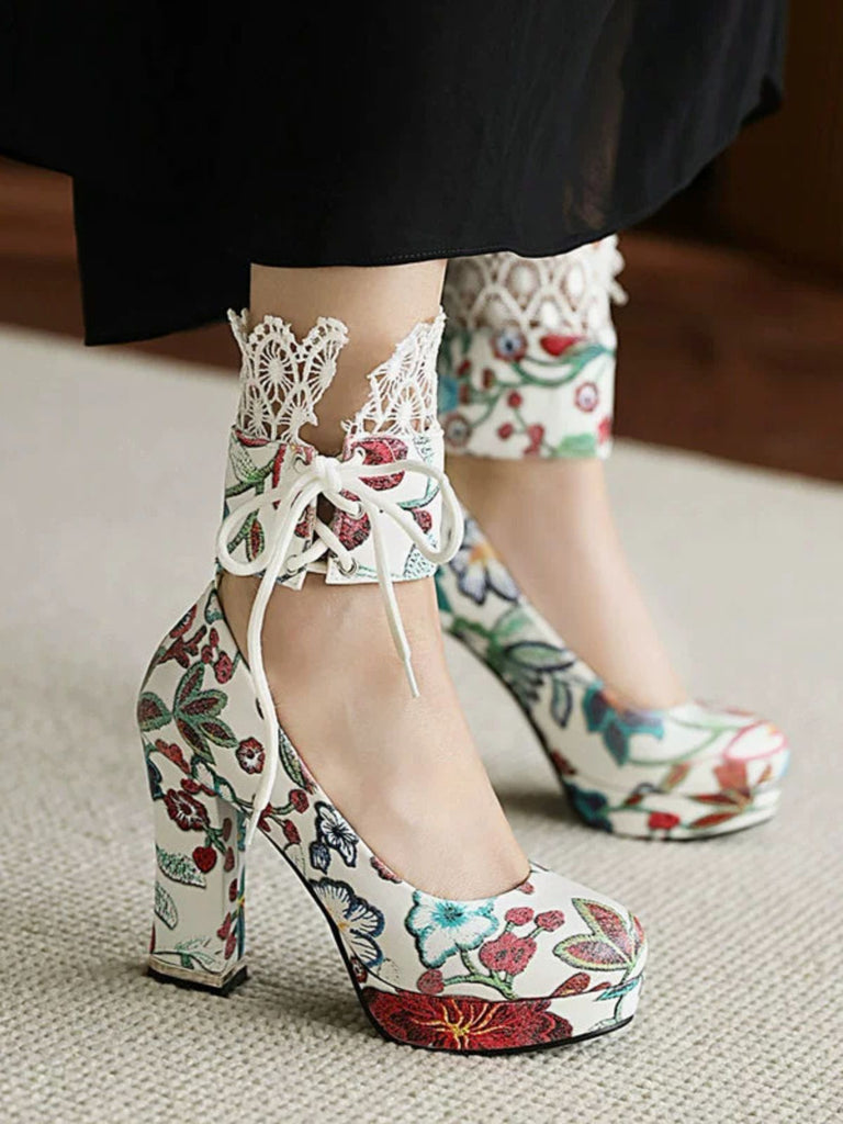 Vintage Lace-Up Embroidered Floral High Heels
