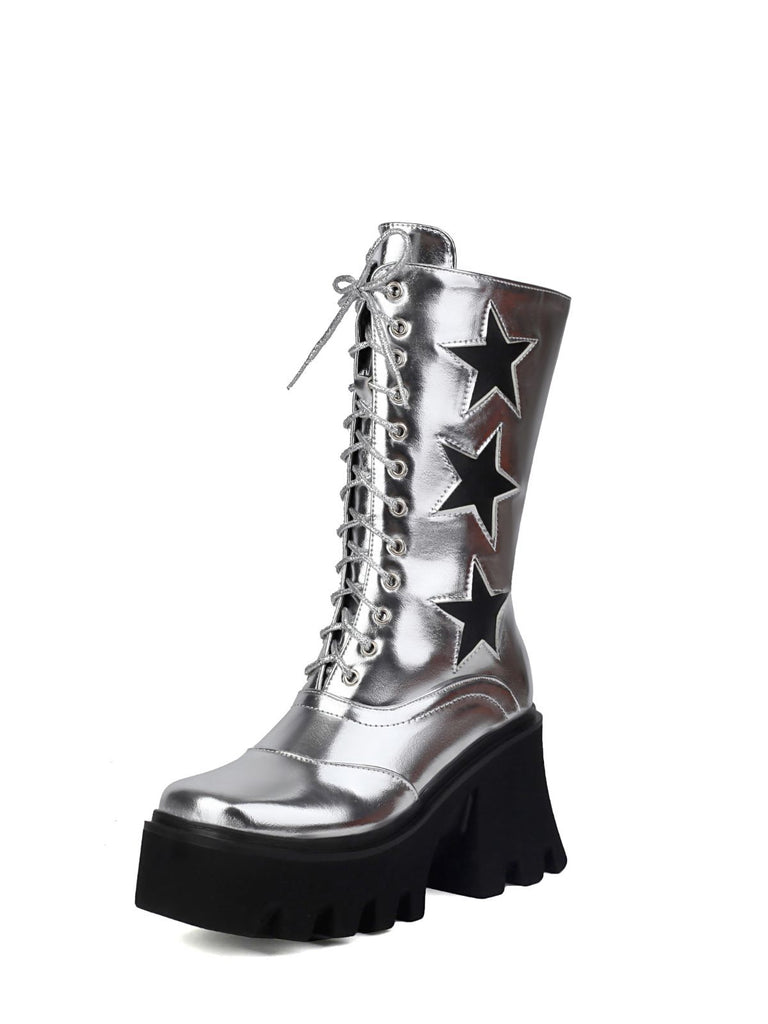 Vintage Steampunk Star Print Platform Mid-Calf Boots