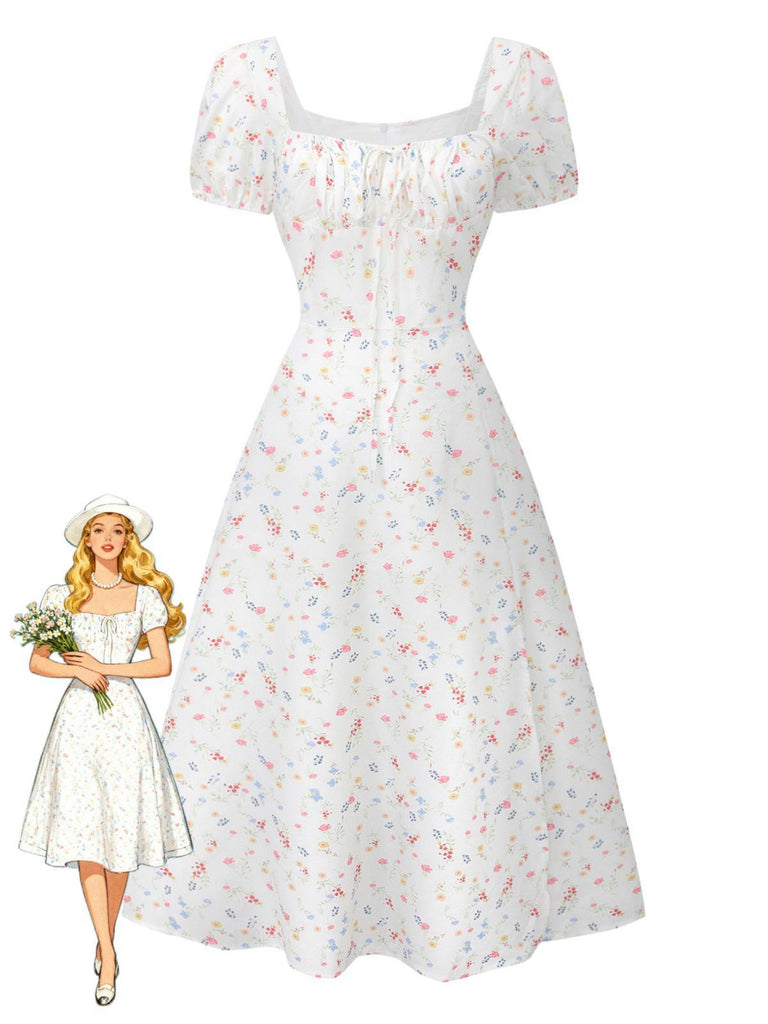 White 1930s Floral Square Neck Puff Sleeve Dress