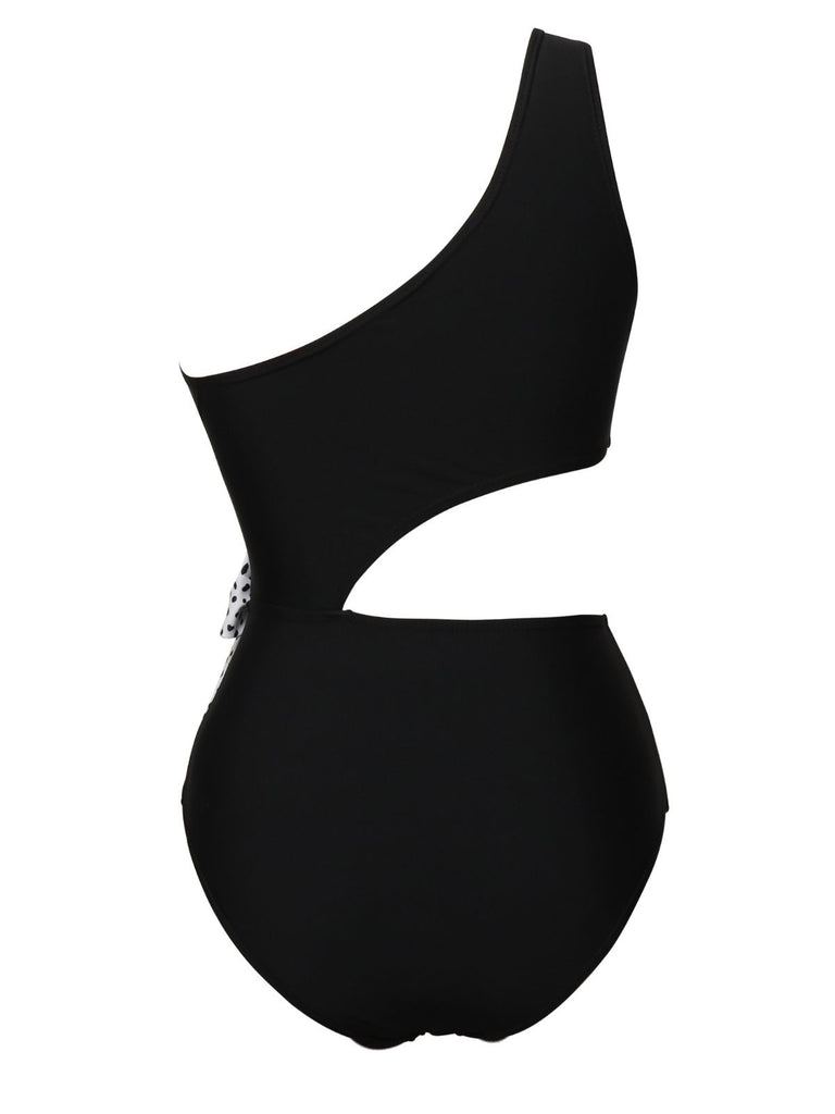 1940s Solid Waist Hollow Dots Bow Patchwork Swimsuit