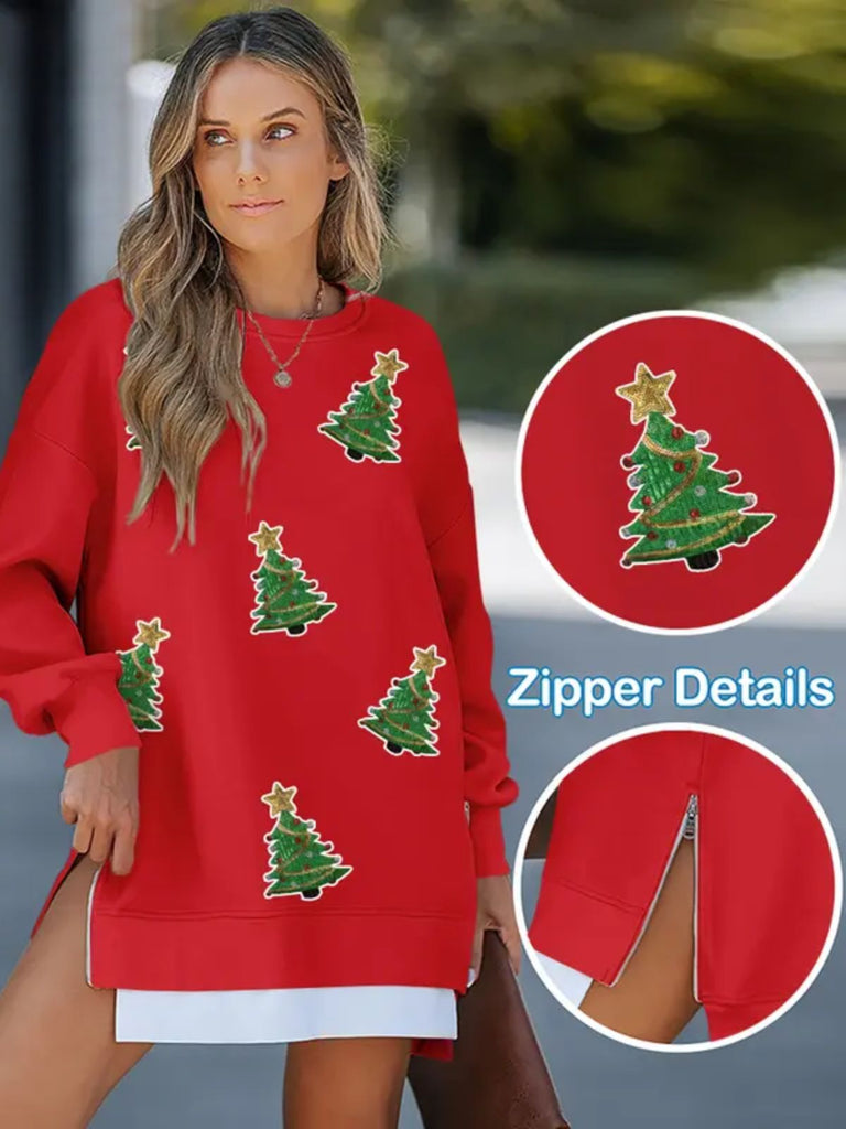 Red 1970s Zip Detail Christmas Tree Sequin Sweatshirt