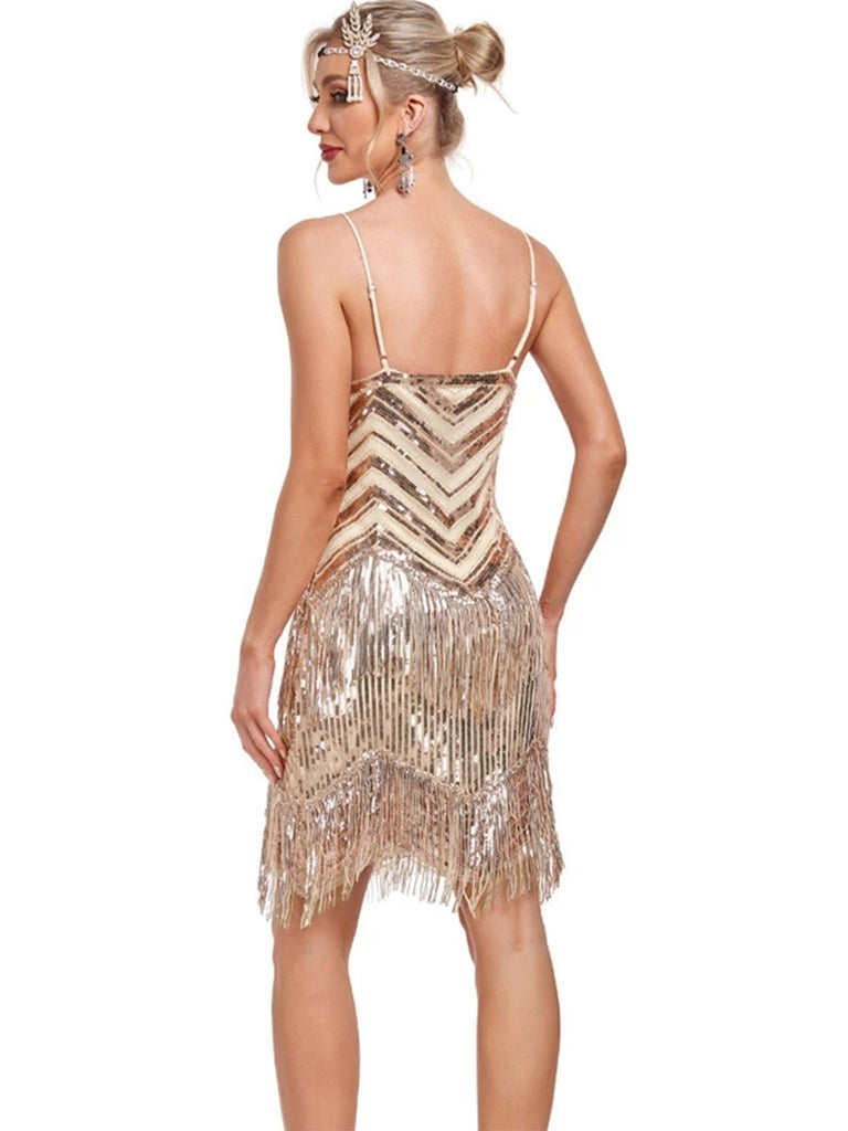 Champagne 1920s Spaghetti Strap Fringe Sequined Dress