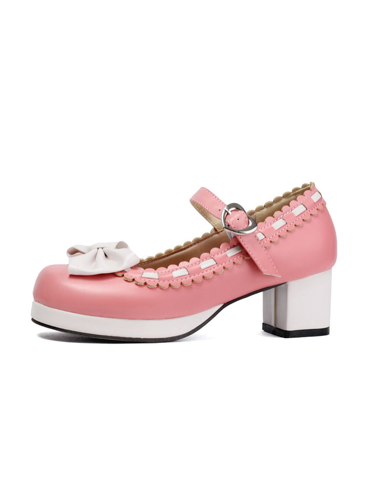 Chunky Heel Two Tone Bow Marry Jane Shoes