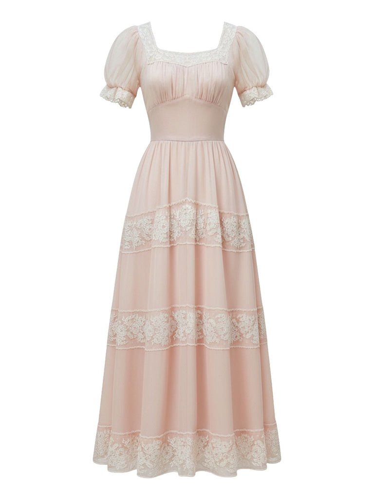 [Pre-Sale] Pink 1940s Chiffon Lace Patchwork Ruched Dress