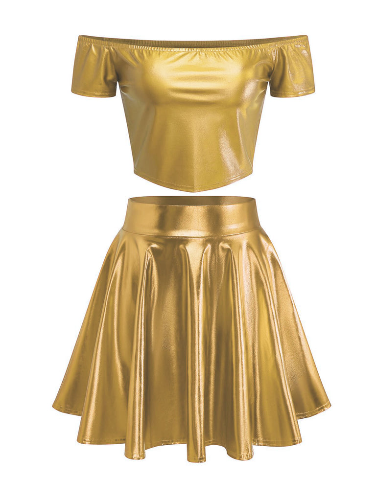 2PCS Metallic 1970 Disco Off-Shoulder Top & Pleated Skirt