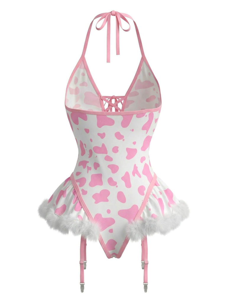 1960s Cow-Spotted Halter Lace-Up Plush Lingerie Set