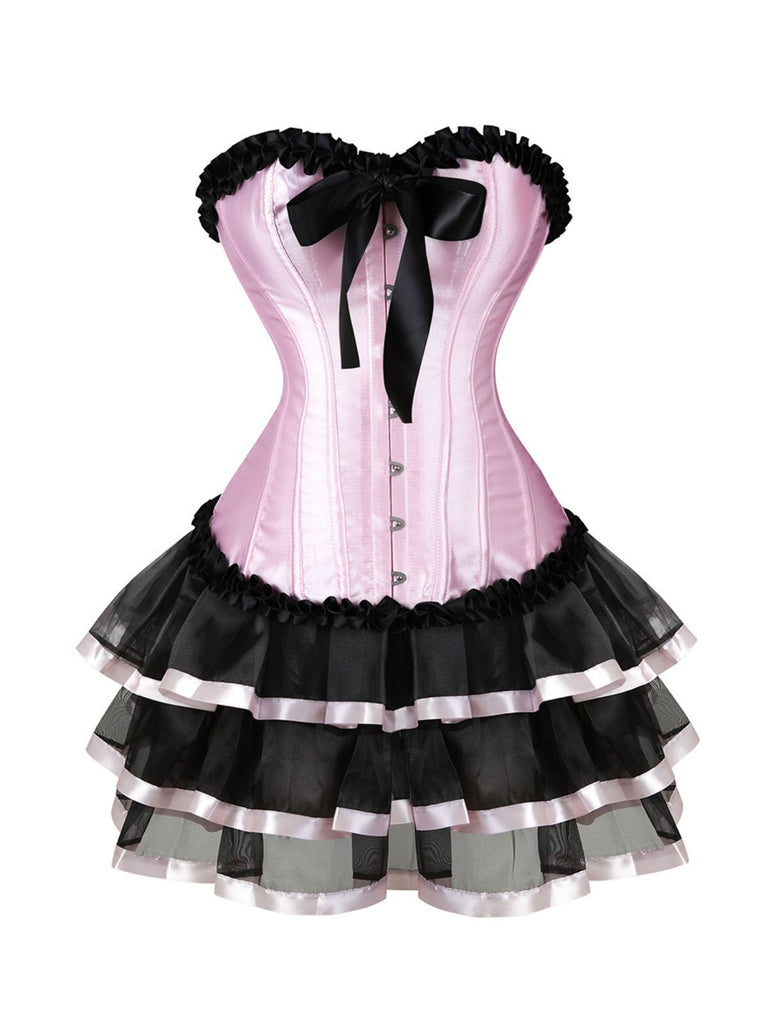 2PCS Black & Pink 1980s Steampunk Strapless Corset & Skirt