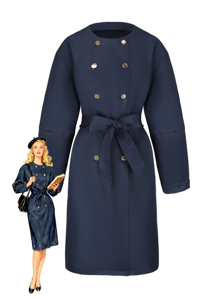Blue 1940s Double-Breasted Round Neck Trench Coat