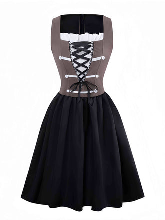 Brown 1960s Pirate Lace-Up Square-Neck Corset Dress