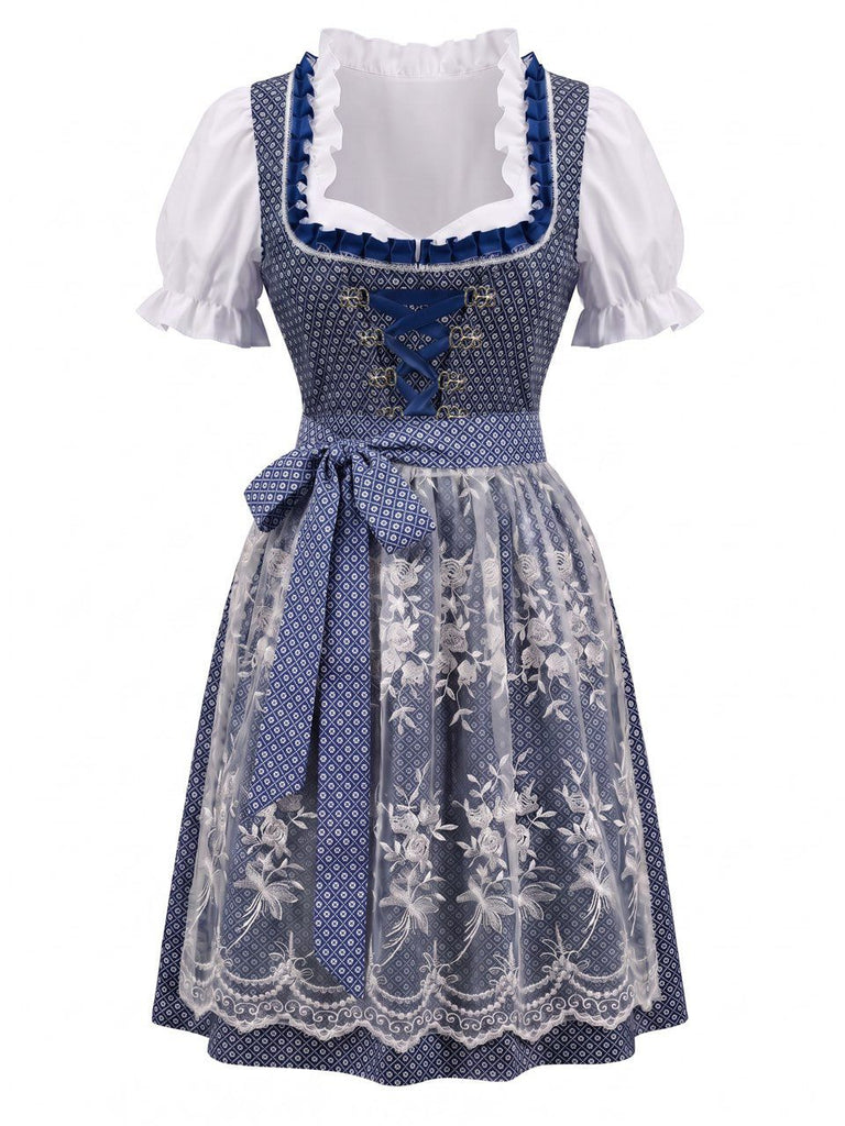 3PCS 1950s Square Neck Floral Dress & White Puff Top & Apron