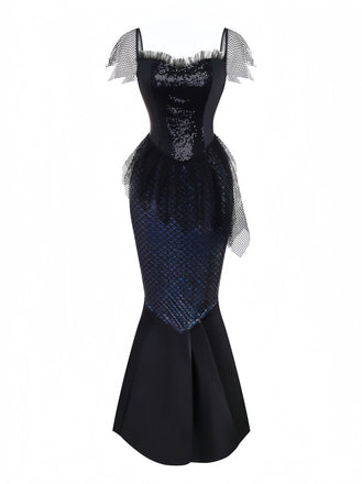 Black 1930s Sequined Mermaid Evening Dress
