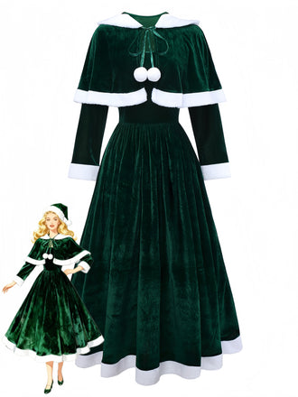 Green 1930s Christmas Mrs. Santa Claus Velvet Dress with Cape