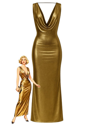 1970s Metallic Cowl Deep V-Neck Bodycon Dress