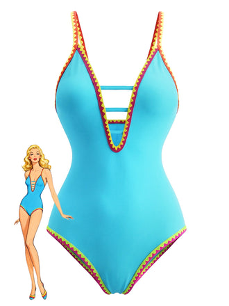 1970s Color Block Strap Cut-Out Swimsuit