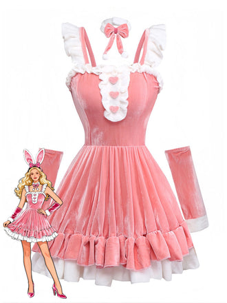 Pink 1970s Christmas Velvet Ruffle Bunny Girl Dress Set