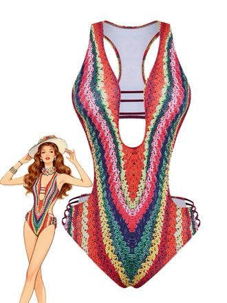 [Pre-Sale] Multicolor 1960s Rainbow Cutout Strappy Faux Crochet Swimsuit