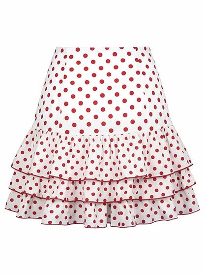 [Pre-Sale] 2PCS Red 1950s Ruffled Rose Knit Top & Polka Dot Skirt