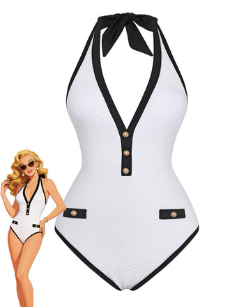1950s Color Block V-Neck Backless Button Swimsuit