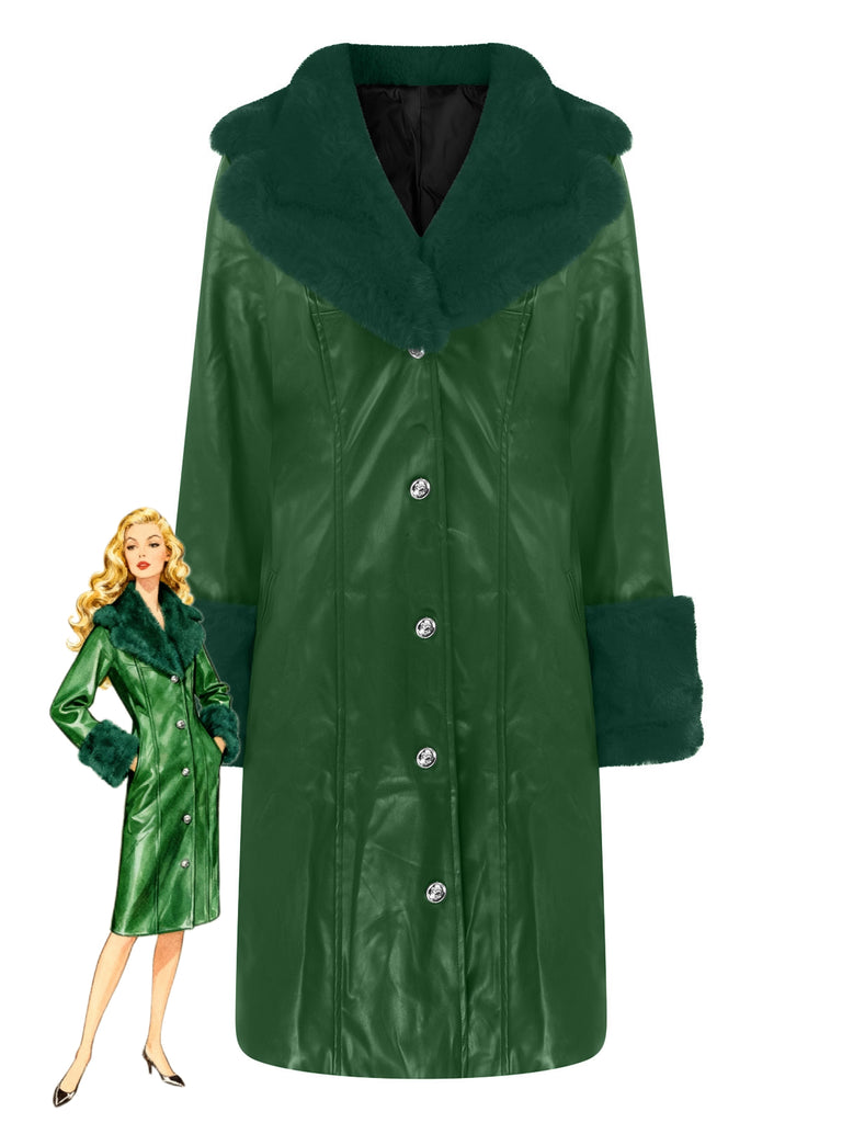 1940s Lapel Fur Collar Zip PU Leather Coat