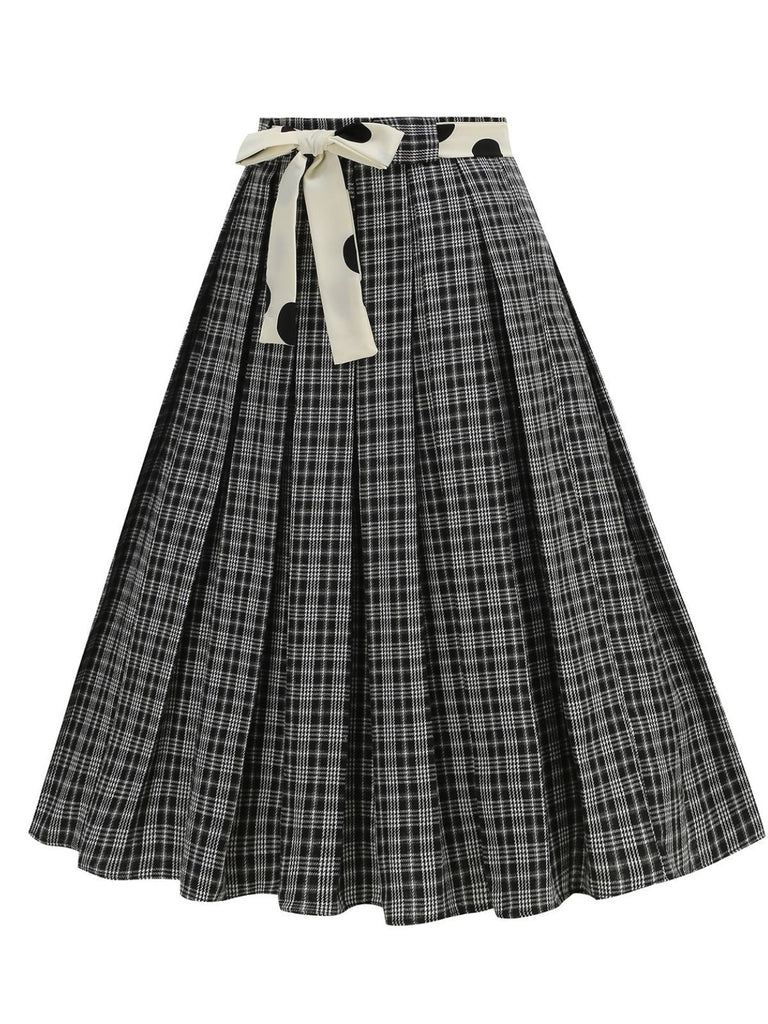1950s Polka Dot Belt Plaid Pleated Skirt