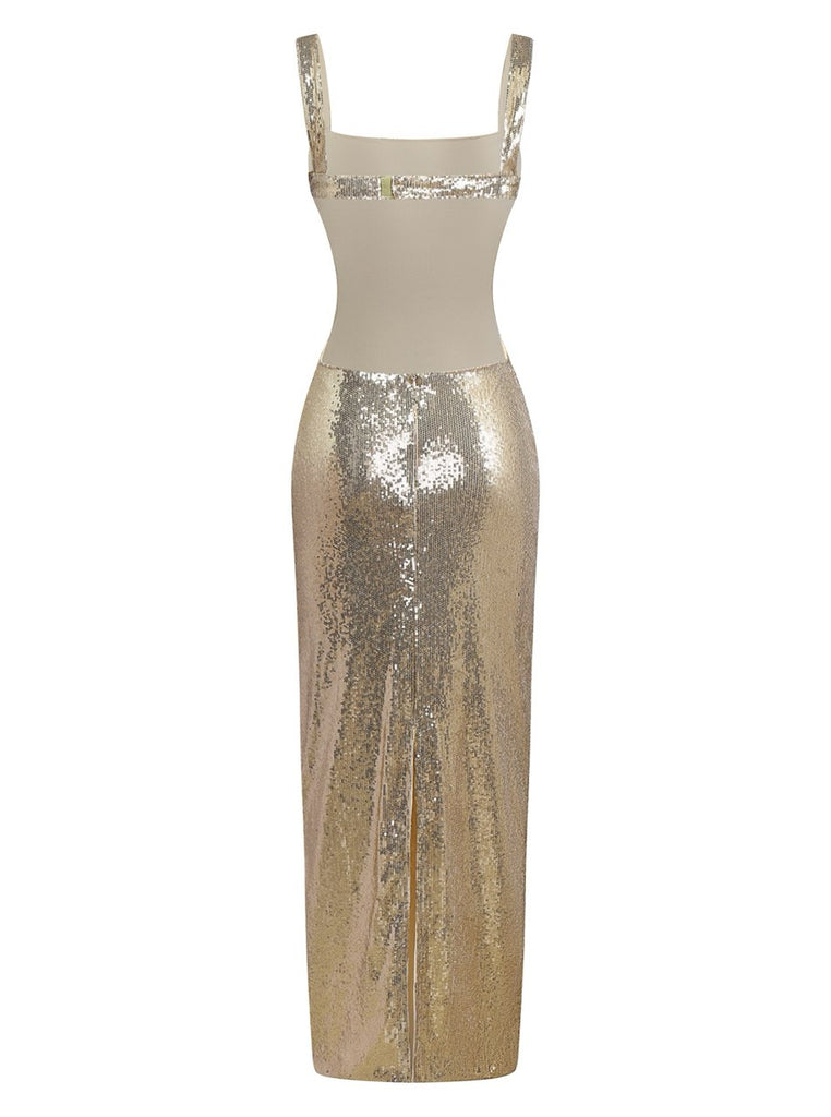 Gold 1920s Sequined Backless Evening Maxi Dress