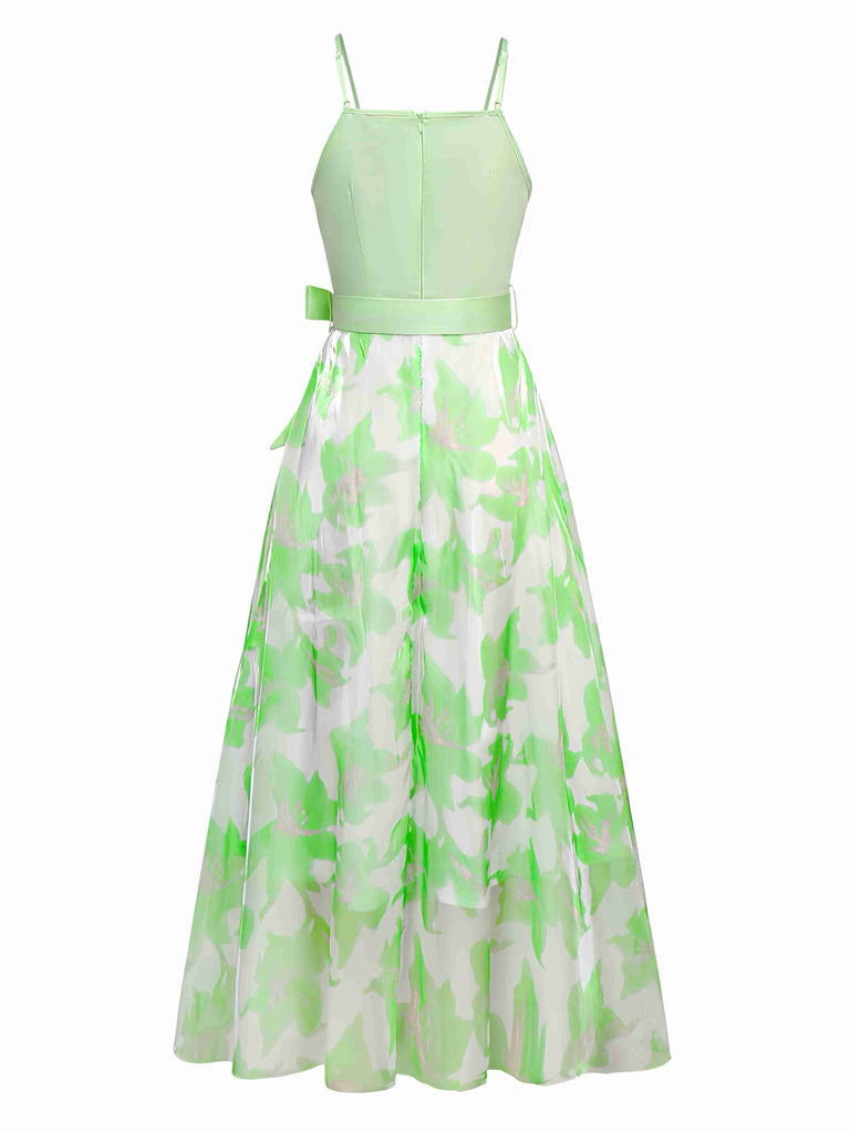 1930s Bow Organza Floral Spaghetti Straps Dress