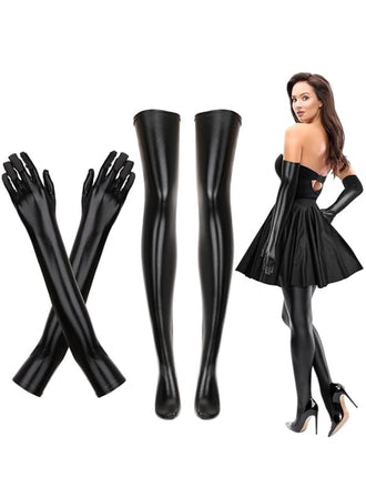 Halloween Black PU Leather Gloves & Thigh High Socks Set