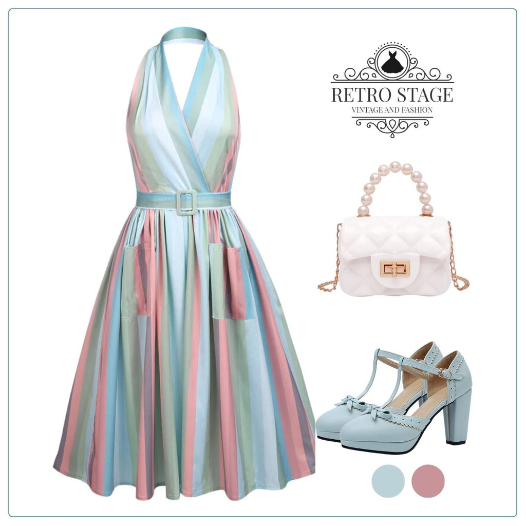 Rainbow 1950s Stripe Pocket Swing Dress