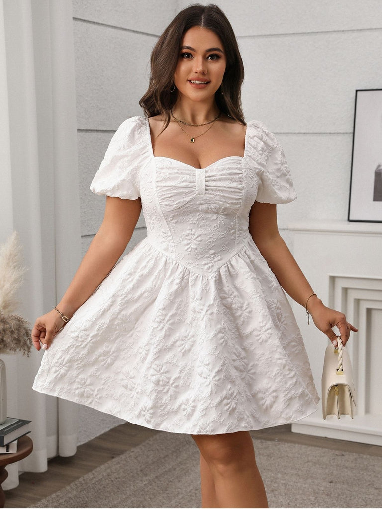 [Plus Size] White 1950s Solid Square Neck Puff Dress