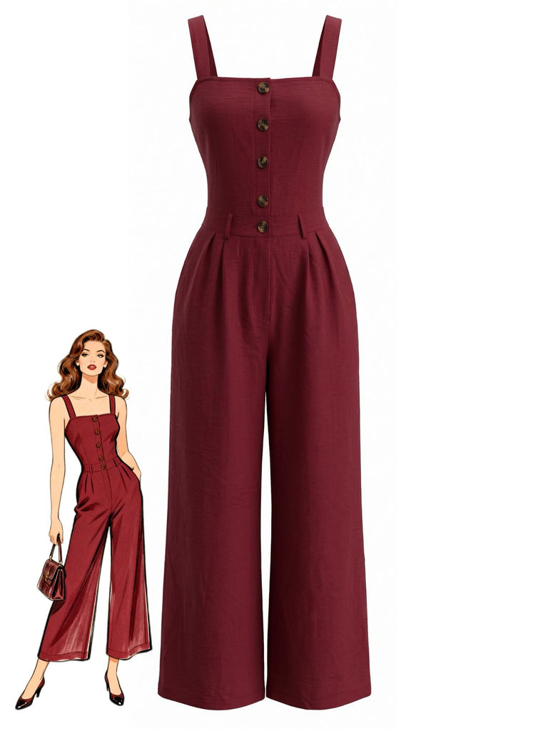 1940s Square Neck Sleeveless Buttoned Solid Jumpsuit