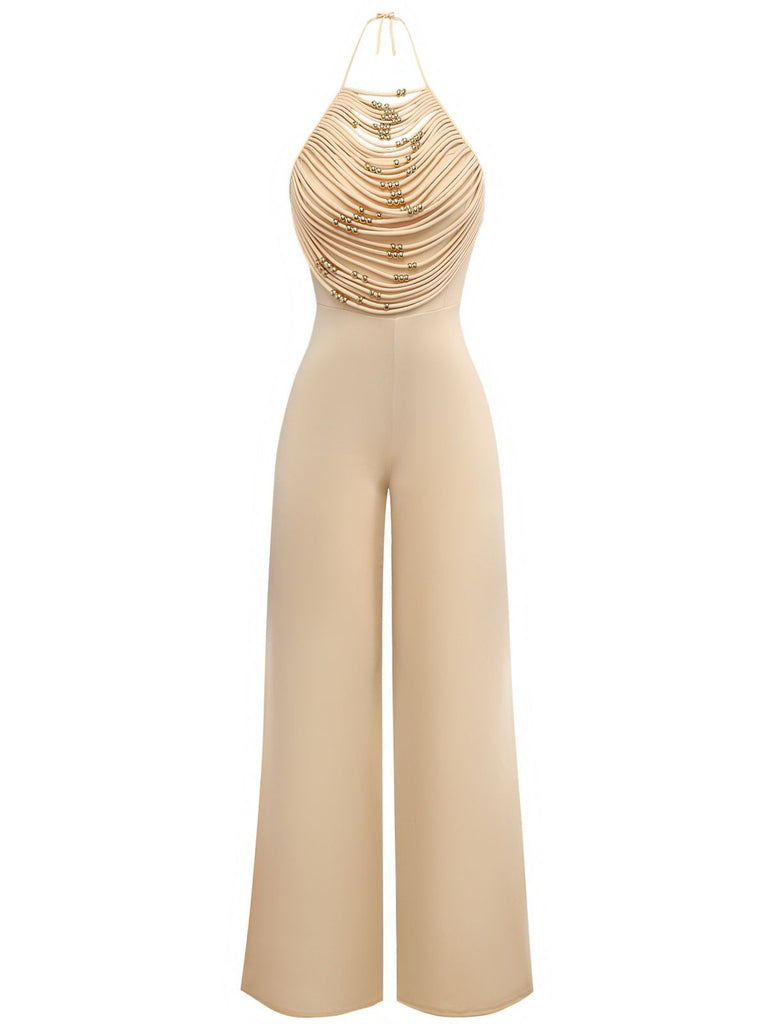Beige 1960s Beaded Ruched Backless Wide-Leg Jumpsuit