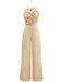 Beige 1960s Beaded Ruched Backless Wide-Leg Jumpsuit