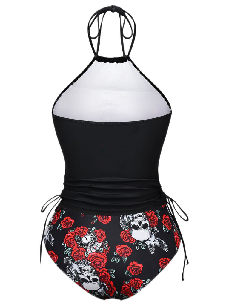 Black 1980s Steampunk Halter Skeleton Rose Swimsuit