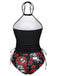 Black 1980s Steampunk Halter Skeleton Rose Swimsuit