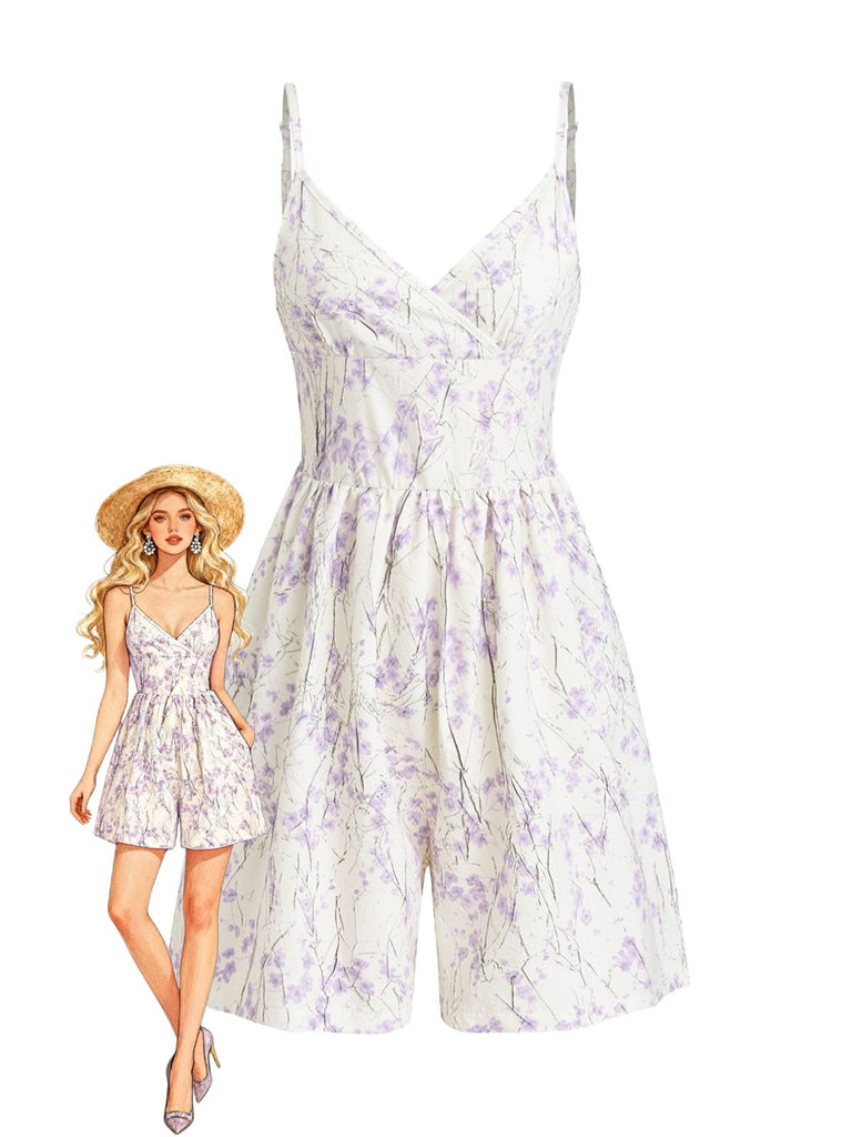 Purple 1970s Floral Print Spaghetti Strap Romper