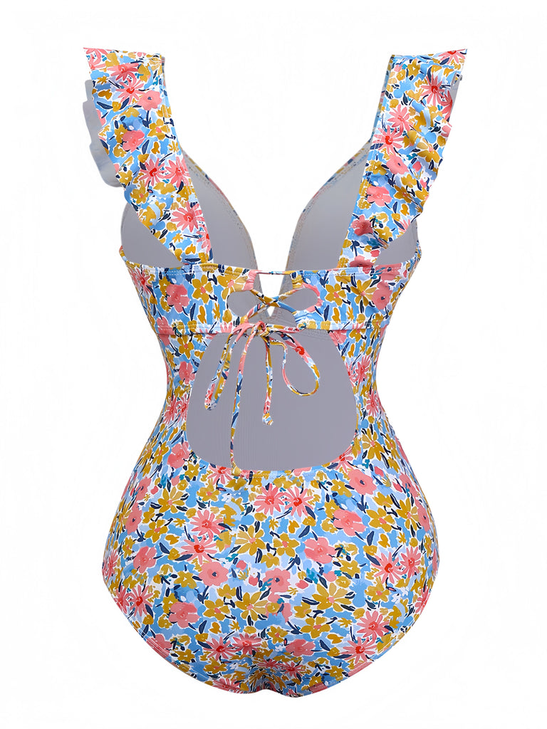 1950s Ruffled Ditsy Floral Deep V-Neck Swimsuit